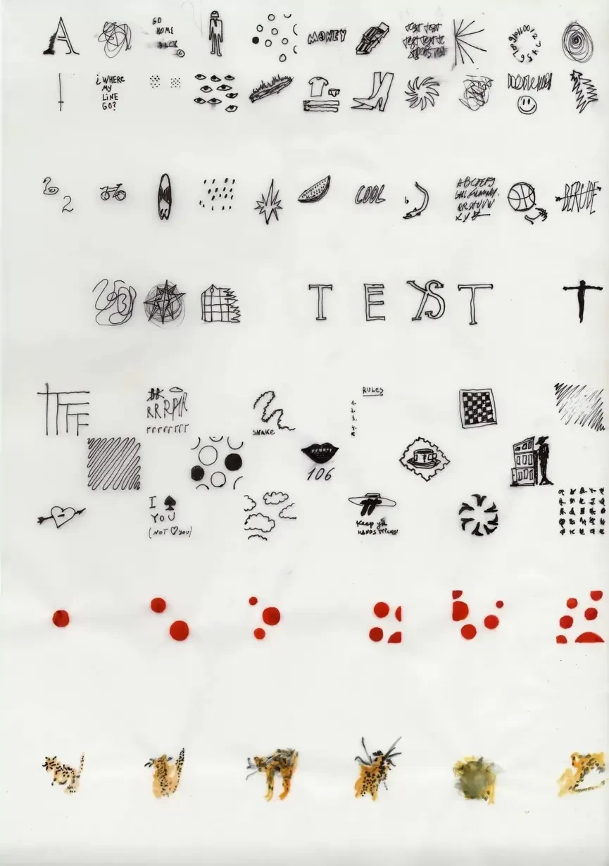 Text Test. 2024. Калька, гелиевая ручка, акварель.<br>Изображение: Галерея Shift, Москва