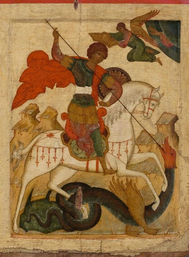 Чудо Георгия о змие. Новгородская икона. XV век. Дерево, левкас, темпера.<br>Изображение: Государственная Третьяковская галерея, Москва