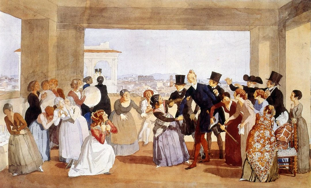 Октябрьский праздник в Риме. Сцена в лоджии (Приглашение к танцу). 1842. Бумага, акварель, графитный карандаш.<br>Изображение: Государственная Третьяковская галерея, Москва