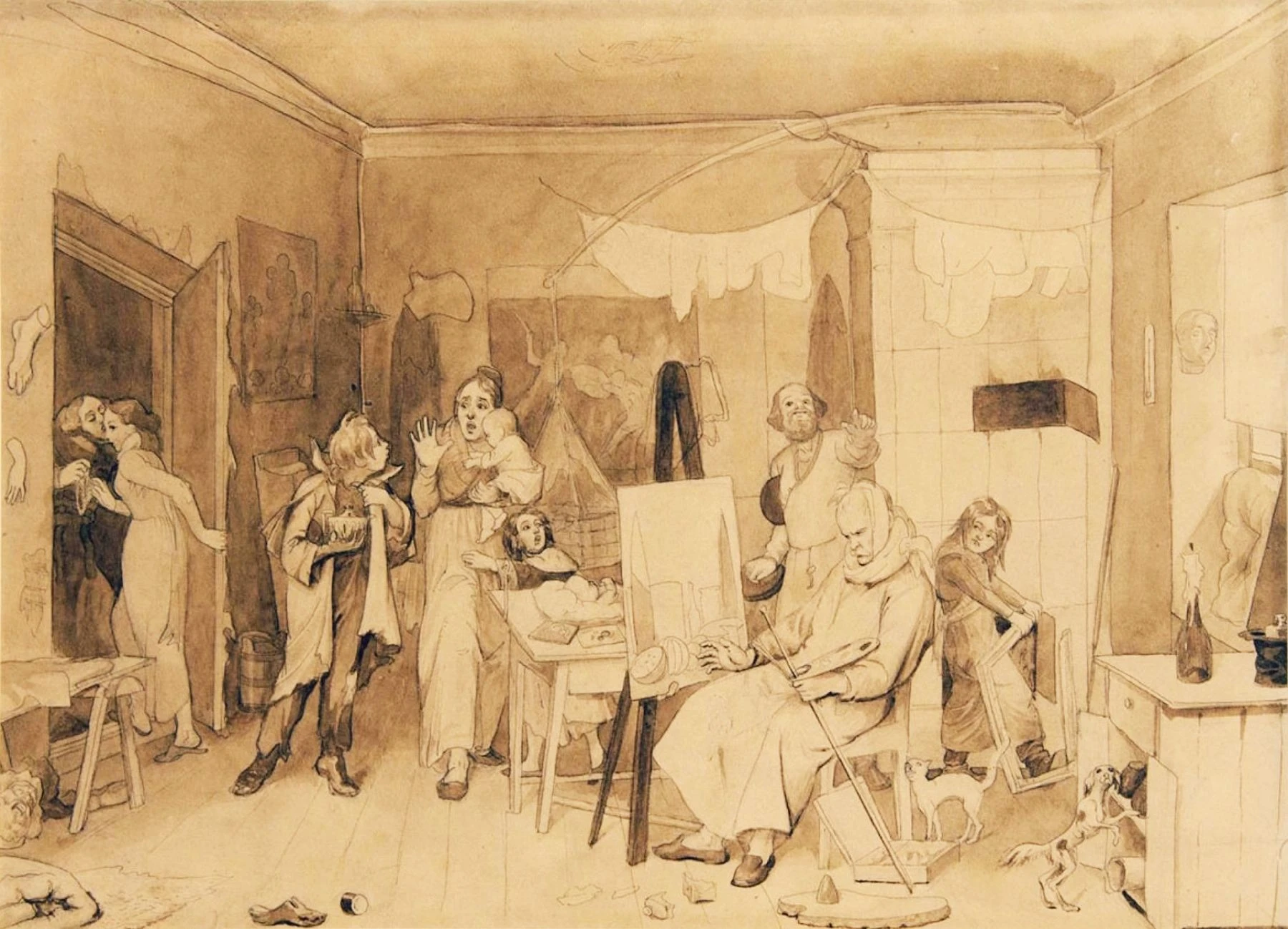 Художник, женившийся без приданого в надежде на свой талант. 1844–1846. Бумага, сепия, тушь, кисть, перо.<br>Изображение: Государственная Третьяковская галерея, Москва