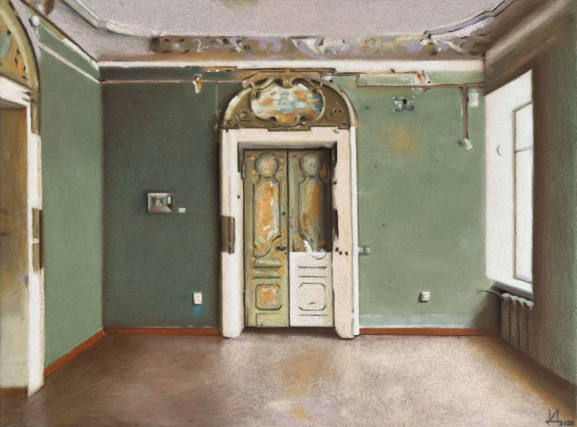 Выход III (авторская реплика). Из проекта «Выход». 2025. Бумага, пастель, деревянный планшет. <br>
Изображение: Nikolay Evdokimov Gallery