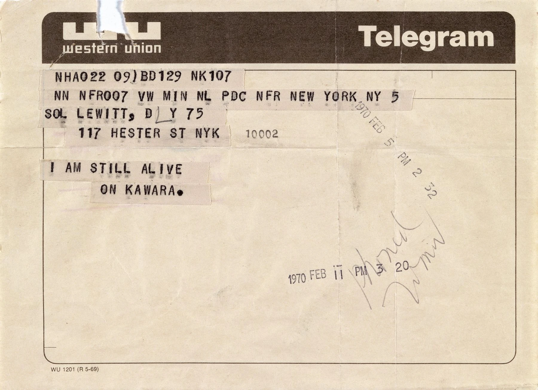 Телеграмма Солу Левитту, 5 февраля 1970 года.<br>Фото: Музей Гуггенхайма, Нью-Йорк