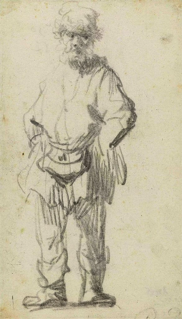 Человек с сумой на поясе. Около 1629 года. Черный мел, белая краска, бумага.<br>Изображение: Рейксмузеум, Амстердам