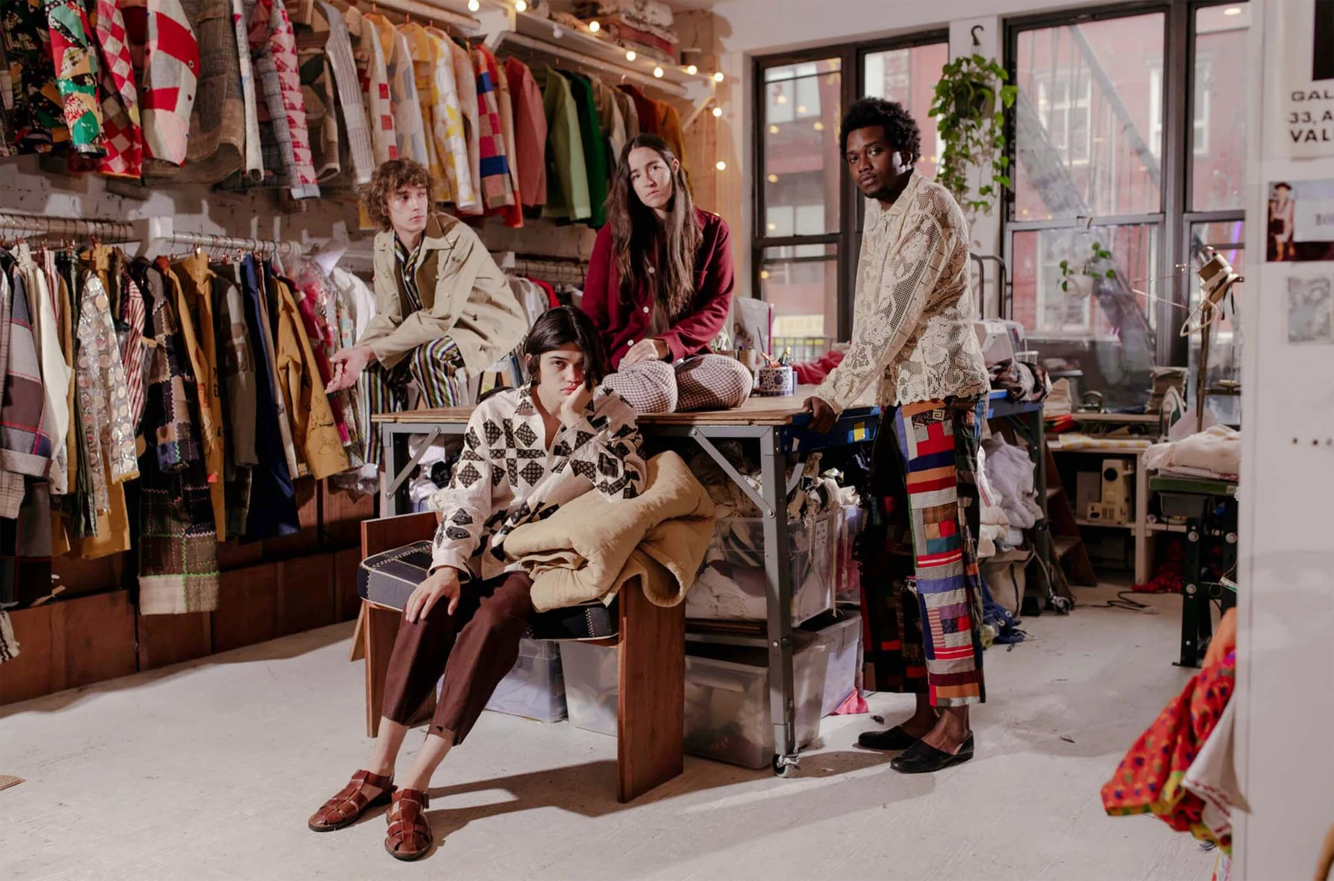 Эмили Адамс Боде и модели в вещах из осенней коллекции 2019 года в студии Bode. Нью-Йорк, 2019.<br>Фото: Bode